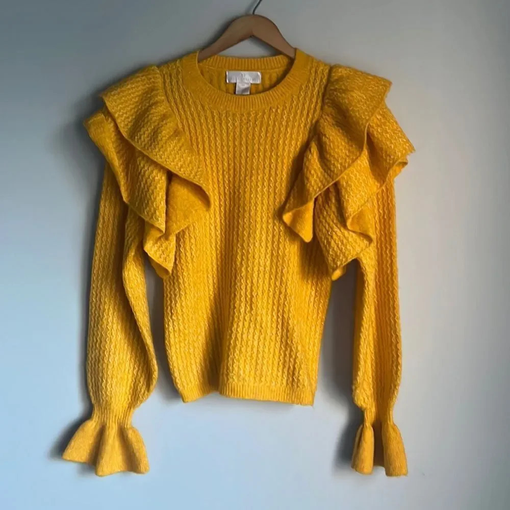 Rachel Parcell Ruffle Shoulder Pointelle Sweater Yellow - Picture 2 of 10